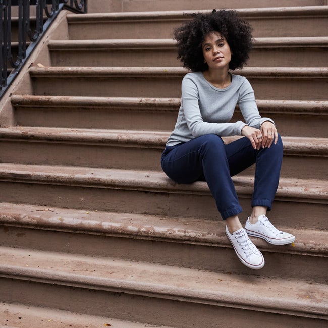 model on stairs